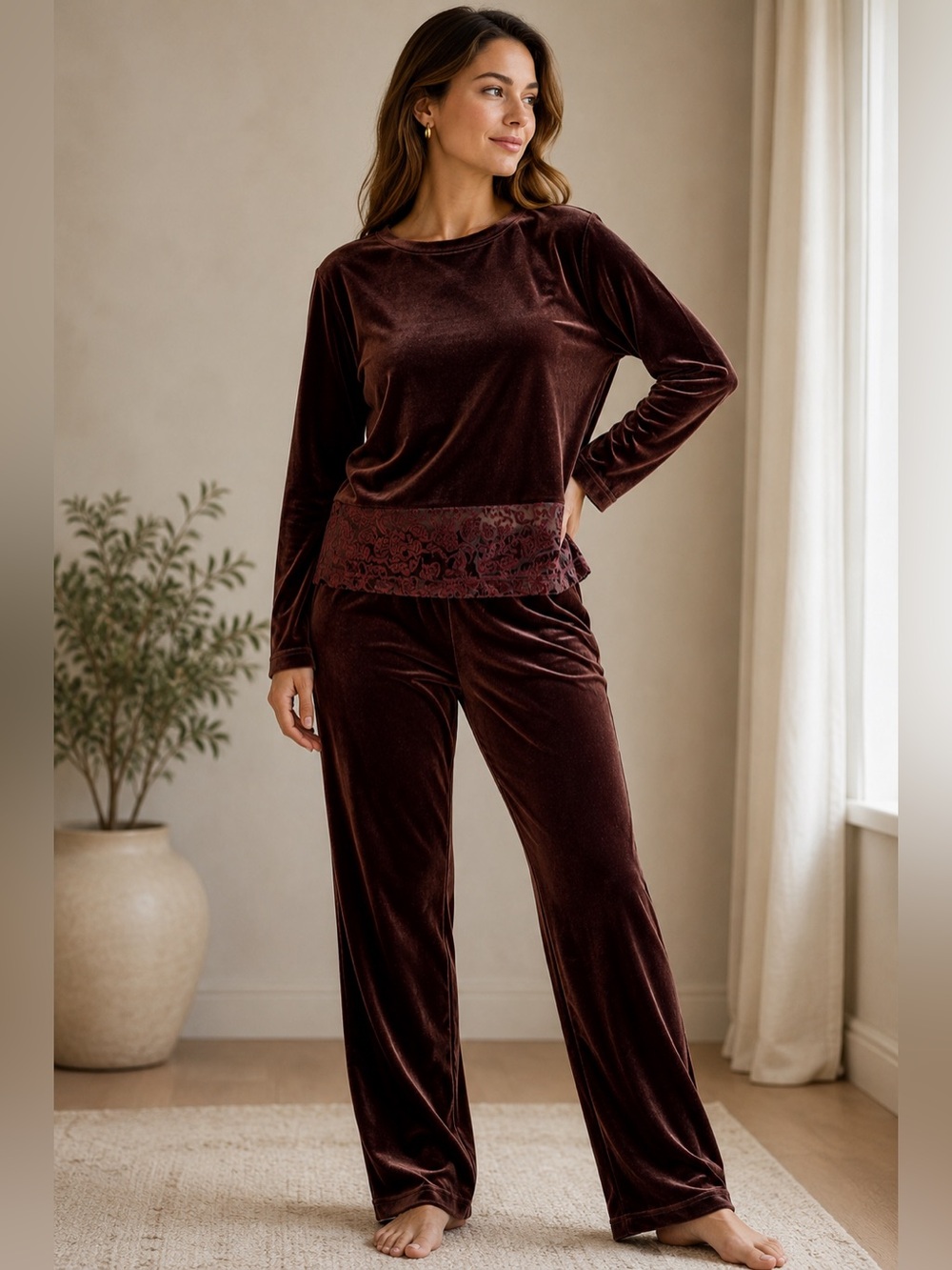 Vintage Worthington Chocolate Brown Velvet Pant Set Burnout Trim Y2K Small